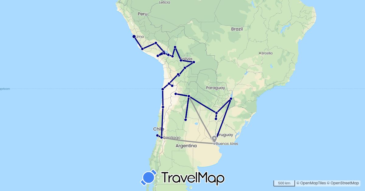 TravelMap itinerary: driving, plane in Argentina, Bolivia, Chile, Peru (South America)
